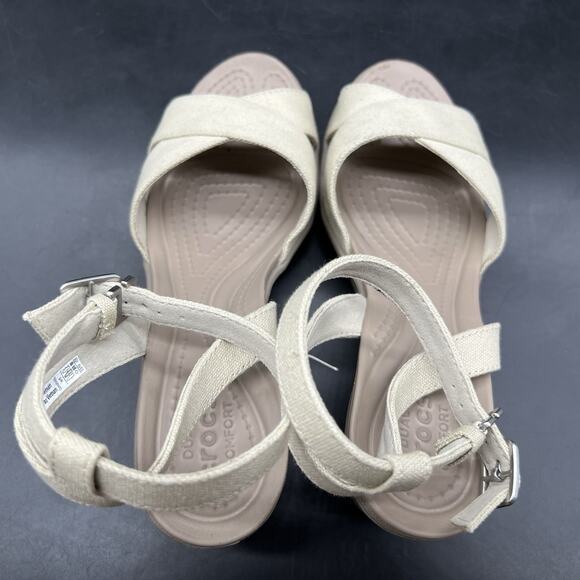 Crocs Sandals Womens 8 Leigh II Beige Strappy Wedge Platform Shoes - Picture 10 of 12